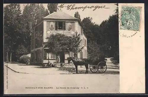 AK Gournay-sur-Marne, La Pointe de Gournay avec cheval et calèche devant l`auberge