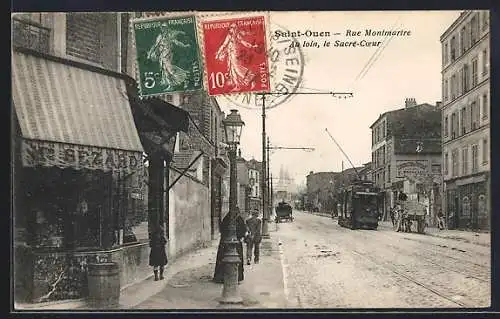 AK Saint-Ouen, Rue Montmartre avec tramway et vue lointaine du Sacré-Cœur