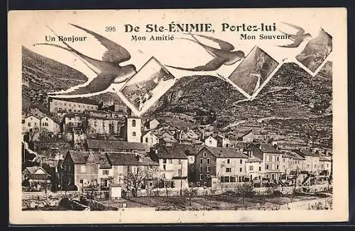 AK Sainte-Énimie, Vue du village avec hirondelles et vignettes en vol