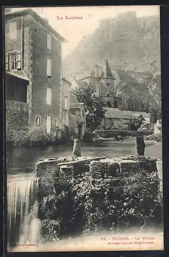 AK Florac, Le Vivier avec vue sur l`église et la cascade