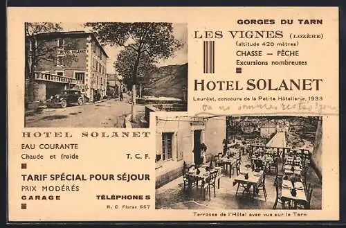 AK Les Vignes, Hôtel Solanet et terrasse avec vue sur le Tarn, carte des environs des Gorges du Tarn