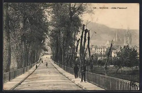 AK Mende, Allée Piencourt avec vue sur la cathédrale et les arbres bordant la route