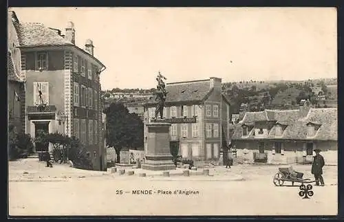 AK Mende, Place d`Angiran avec statue équestre et bâtiments environnants