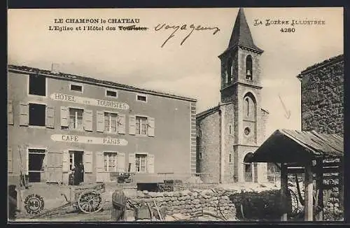 AK Le Chambon-le-Château, L`église et l`Hôtel des Touristes