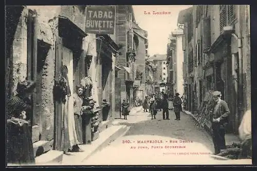 AK Marvejols, Rue Droite avec Porte Soubrany au fond et enseigne de tabac buvette