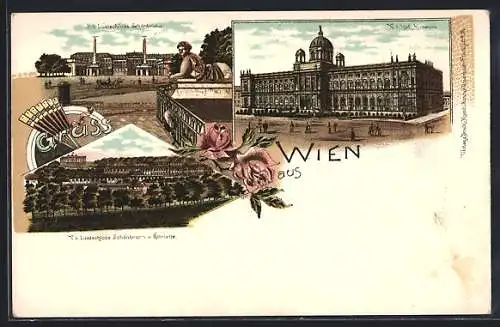 Lithographie Wien, Lustschloss Schönbrunn, Hof Museum