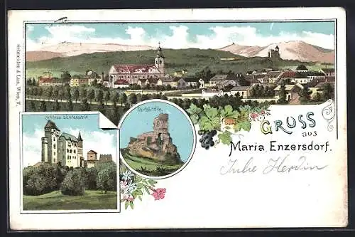 Lithographie Maria Enzersdorf, Schloss Liechtenstein, Teufelshöhe, Panorama mit Kirche