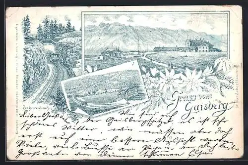 Lithographie Gaisberg, Zahnradbahn, Ortsansicht