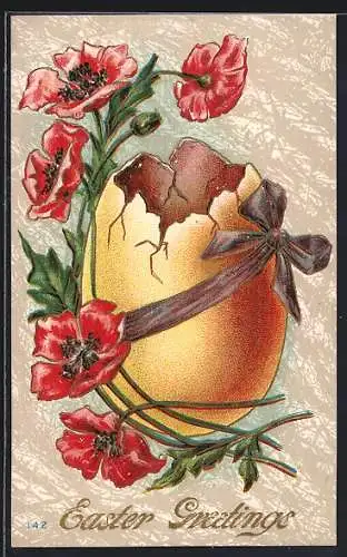 Präge-AK Gelbes Osterei mit Mohnblüten und Schleife, Easter Greetings