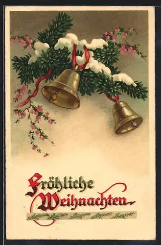 AK Fröhliche Weihnachten, Läutende Glocken an verschneitem Tannenzweig