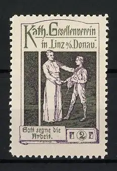 Reklamemarke Linz, Kath. Gesellenverein, Begegnung zweier Männer