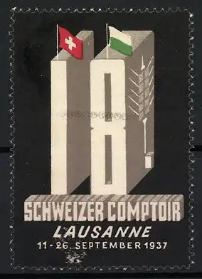 Reklamemarke Lausanne, Schweizer Comptoir 1937, Fahnen und Gebäude