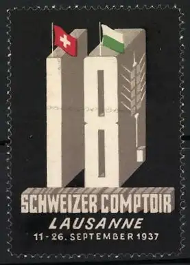 Reklamemarke Lausanne, Schweizer Comptoir 1937, Flaggen und Gebäude