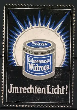 Reklamemarke Bohnermasse Widroga, Dose mit Strahlenkranz