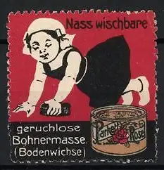 Reklamemarke Geruchlose Bohnermasse, Parkett Rose, Kind beim Boden bohnern