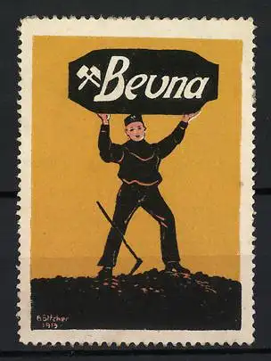 Künstler-Reklamemarke Böttcher, Beuna Kohle-Brikett's, Bergmann mit Schild