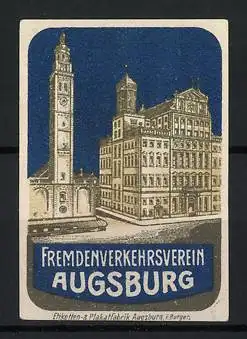 Reklamemarke Augsburg, Fremdenverkehrsverein, Perlachturm und Rathaus