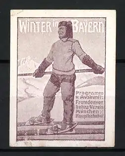 Reklamemarke Bayern, Winter in Bayern, Skifahrer auf Berggipfel