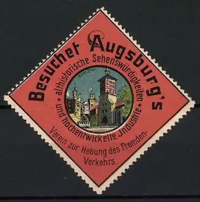 Reklamemarke Augsburg, Besuchet Augsburg`s Sehenswürdigkeiten, Stadtansicht mit Turm