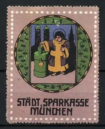 Reklamemarke München, Städt. Sparkasse, Münchner Kindl mit Spardose