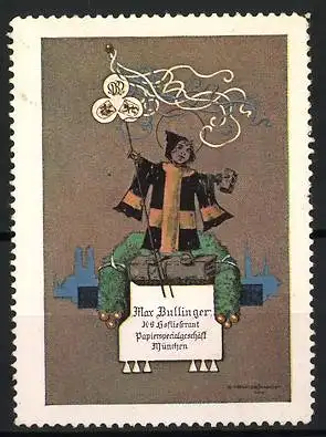 Reklamemarke München, Max Bullinger Papiergrosshandlung, Münchner Kindl mit Ballons