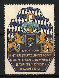 Reklamemarke Bayern, Unterstützungsfond d. Zentralverbandes Bayr. Gemeinde-Beamte, Löwen und Wappen, 1908