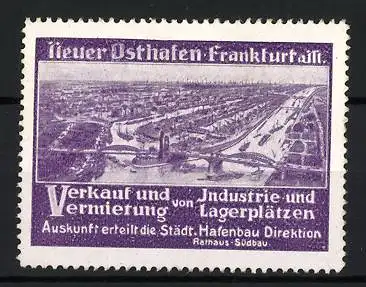 Reklamemarke Frankfurt / Main, Neuer Osthafen, Luftansicht des Hafens, Verkauf und Vermietung von Industrieflächen