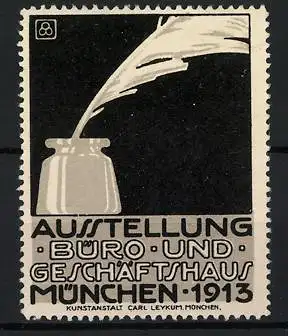 Reklamemarke München, Ausstellung Büro- und Geschäftshaus, Tintenfass mit Federkiel, 1913