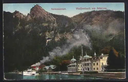 AK Weissenbach am Attersee, Partie am Atterseeufer, Dampfer