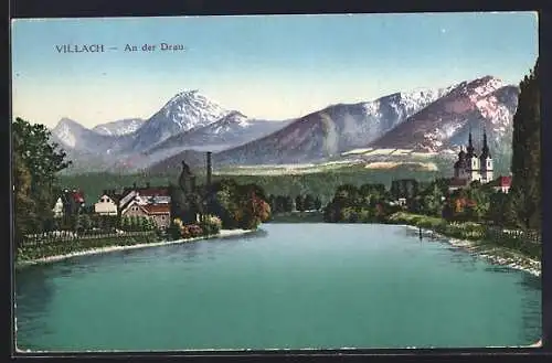 AK Villach an der Drau, Flusspartie mit Bergpanorama