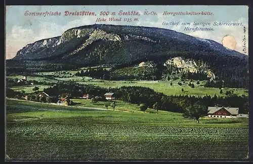 AK Dreistätten, Ortsansicht mit Herrgottschnitzerhütte und Hoher Wand