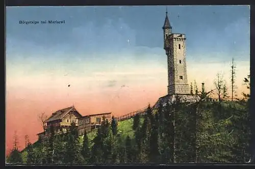 AK Mariazell, Bürgeralpe mit Gasthof mit Aussichtsturm