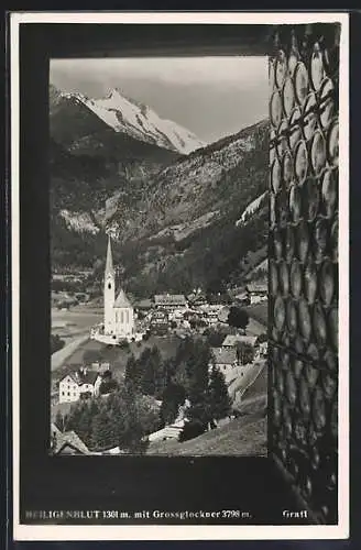 AK Heiligenblut, Ort und Grossglockner durchs Fenster hindurch