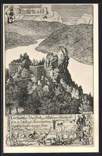 Künstler-AK Ulf Seidl: Aggstein a. d. Donau, Burgruine mit Raubritter Jörg Scheck vom Walde