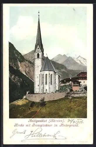 AK Heiligenblut /Kärnten, Kirche mit Grossglockner im Hintergrund