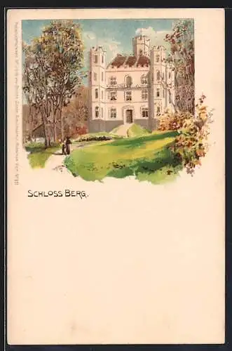 Lithographie Berg / Starnberger See, Schloss Berg im Spätsommerlicht