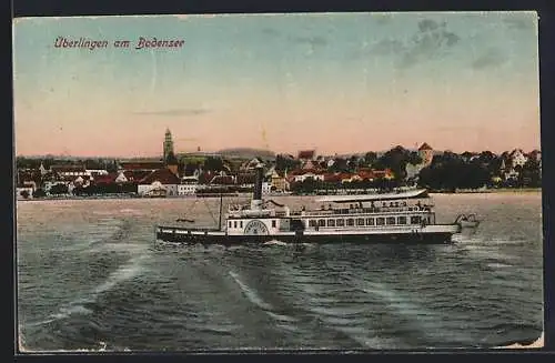 AK Überlingen am Bodensee, Dampfer vor dem Ort