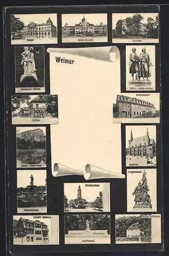 AK Weimar / Thüringen, Postamt, Schloss Belvedere und Lisztdenkmal