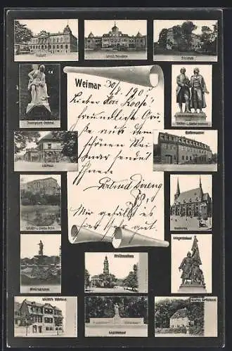 AK Weimar / Thüringen, Postamt, Schloss Belvedere und Lisztdenkmal