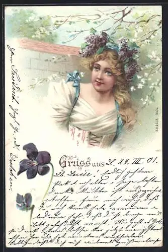 AK Junge Frau mit Blumen im Haar, Jugendstil