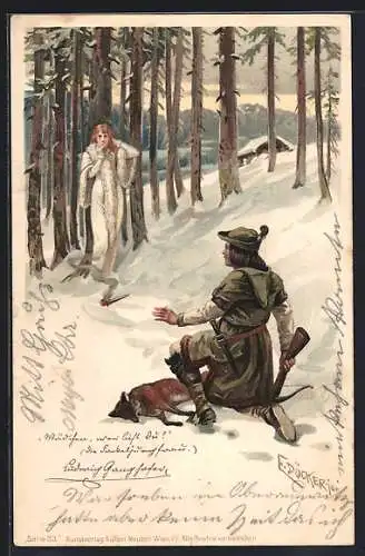 Künstler-Lithographie E. Döcker: Mädchen wer bist du?, Die Fackeljungfrau, Ludwig Ganghofer