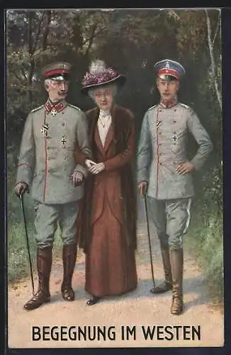 Künstler-AK Begegnung im Westen, Kaiserin Auguste Victoria Königin von Preussen mit Wilhelm II. und dem Kronprinz