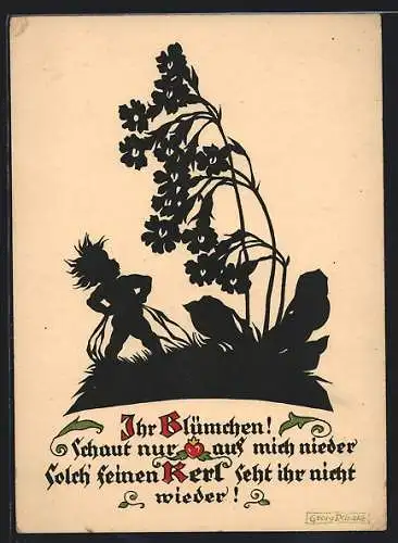 Künstler-AK Georg Plischke: Schattenbild, Kindlein vor Glockenblumen