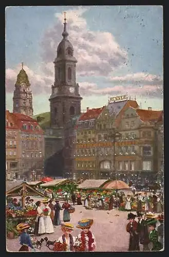 Künstler-AK Dresden, Altmarkt mit Blumenmarkt, Kreuzkirche, Rathausturm