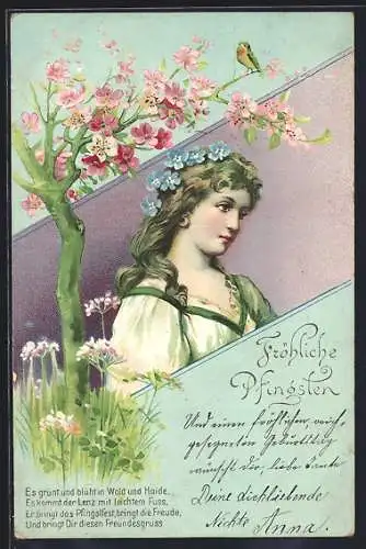 Glitzer-Perl-AK Mädchen mit Blumen im Haar, Kleid