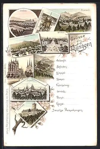 Lithographie Gotha /Thüringen, Teilansicht, Eisenach, Dom u. Severi-Kirche