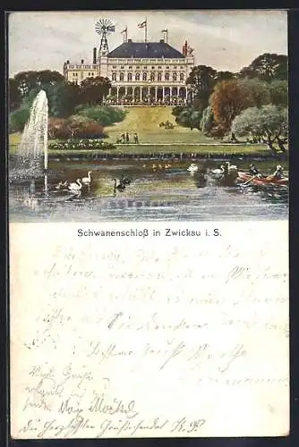 AK Zwickau i. Sa., Schwanenschloss mit Teich und Besuchern