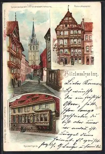 Lithographie Hildesheim, Eckemeckerstrasse mit Andreaskirchturm, Rolandhospital, Kaiserhaus