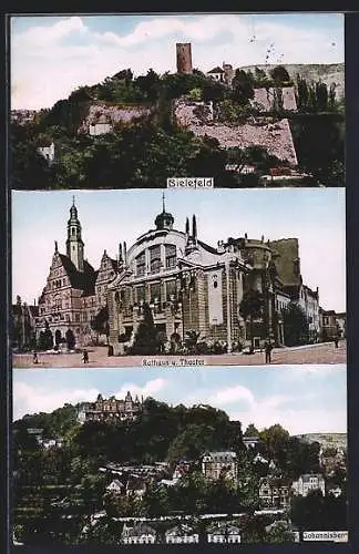 AK Bielefeld, Generalansicht mit Burg, Rathaus mit Theater, Blick auf den Johannisberg