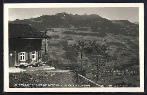 AK Schruns, Alpengasthof Mittagspitze mit Blick auf den Ort